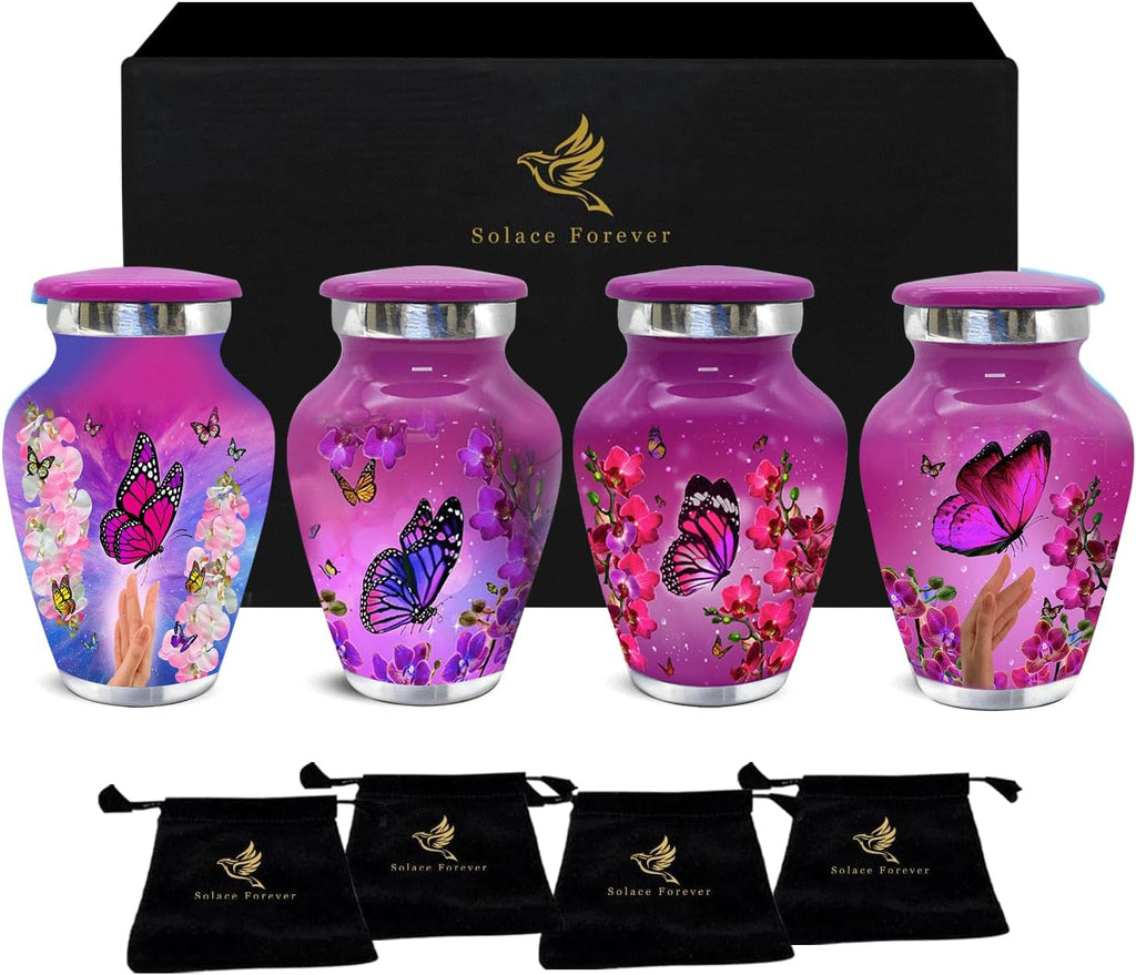 Small Urns for Human Ashes – Set of 4 Mini Keepsake Urns for Ashes, with Velvet Bag & Gift Box, Memorial Sharing Urns (Pink, Set of 4)