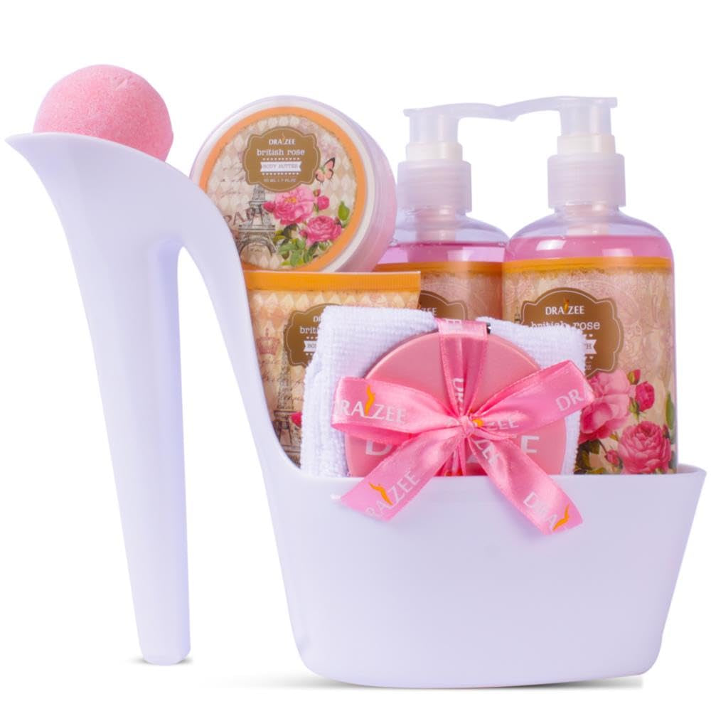 Heel Shoe Spa Gift Basket for Women, 8 Pc British Rose Scented | Spa Gift Set, Luxury Self Care Kit for Mom, Relaxing Bath and Body Set, Home Spa Gifts for Her