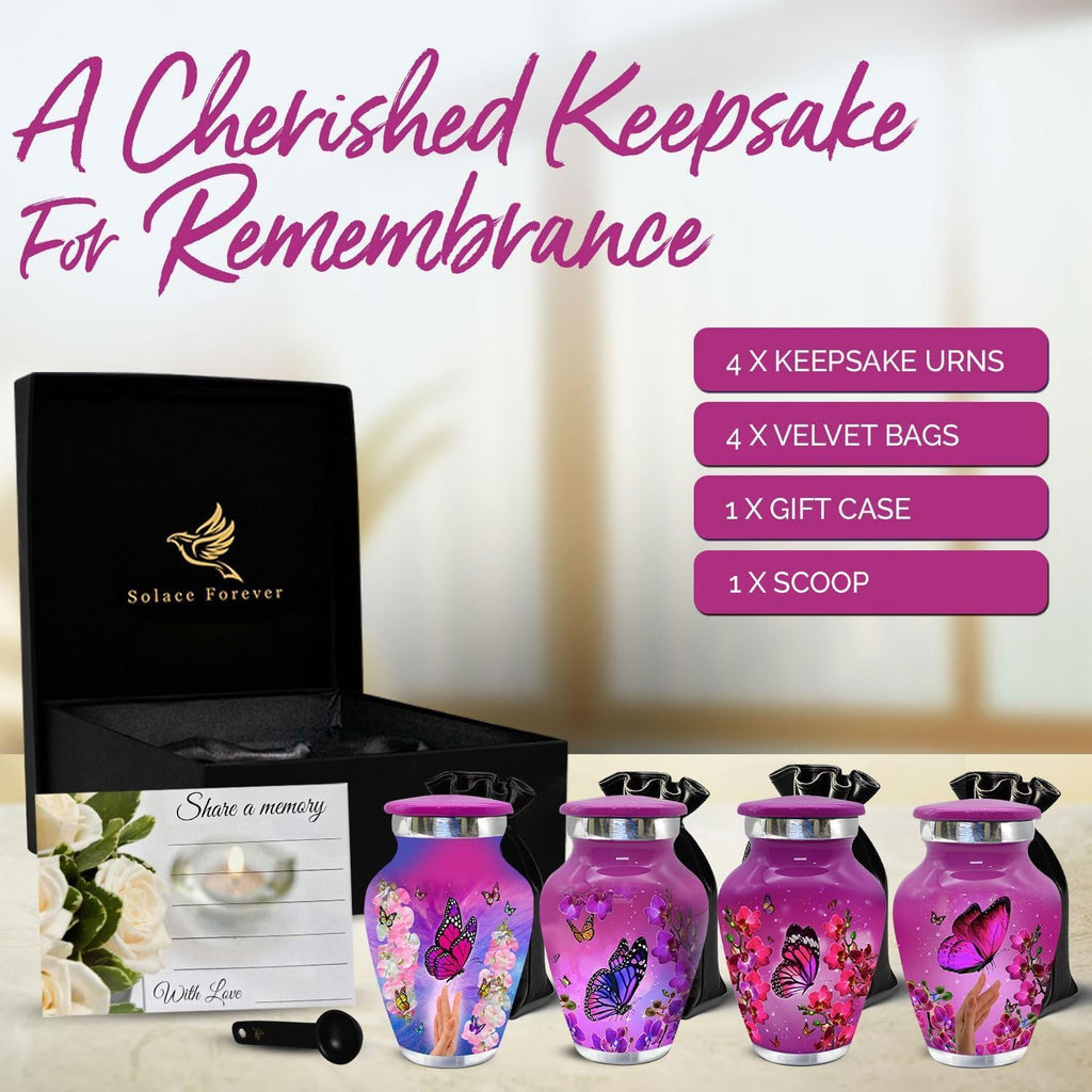 Small Urns for Human Ashes – Set of 4 Mini Keepsake Urns for Ashes, with Velvet Bag & Gift Box, Memorial Sharing Urns (Pink, Set of 4)